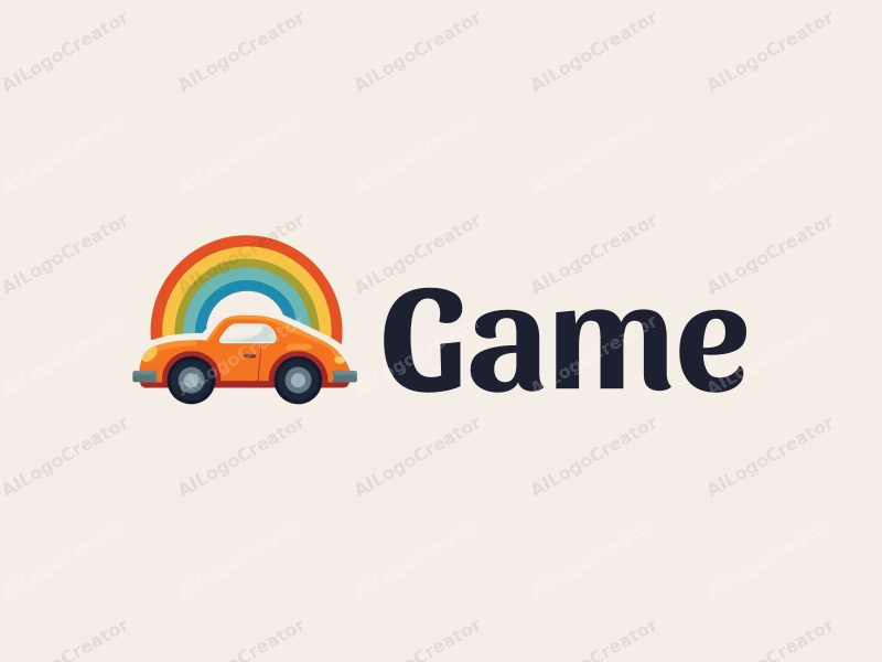 playful design features a stylized toy car with a vibrant rainbow, combined with a clean background and simple shapes for a fun and engaging visual.