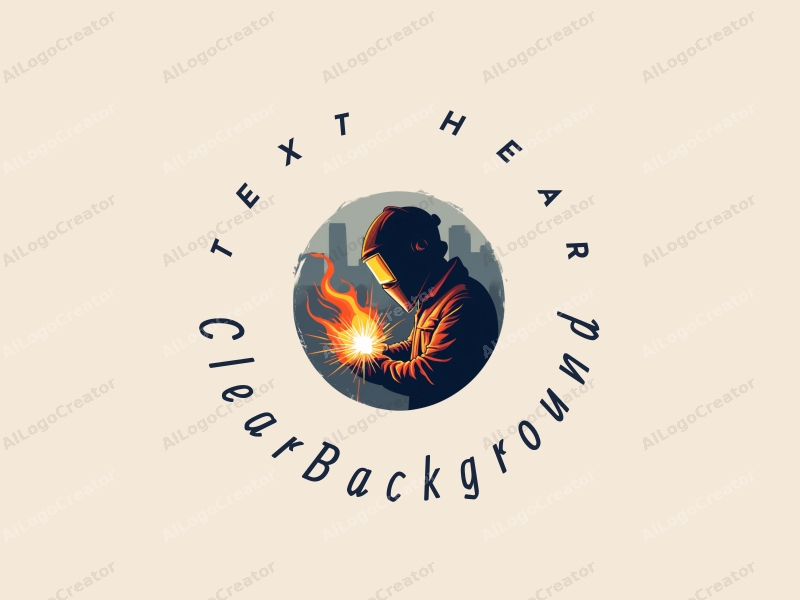 minimalist design features a stylized welder silhouette, dynamic flames, and a clean background with transparent elements.