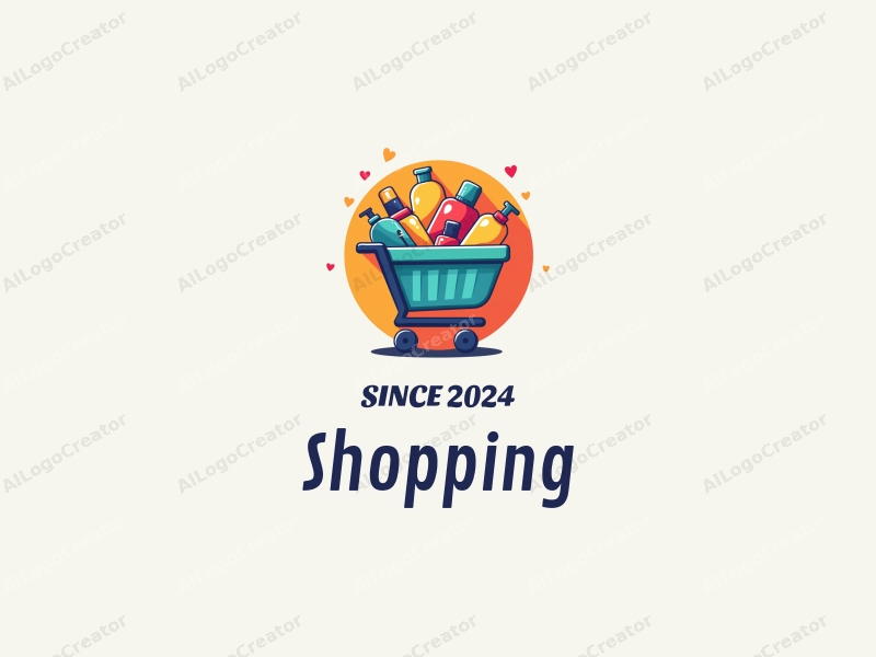 a modern design featuring a colorful shopping cart filled with various products, set against a stylized mall background, emphasizing simplicity and harmony in composition.