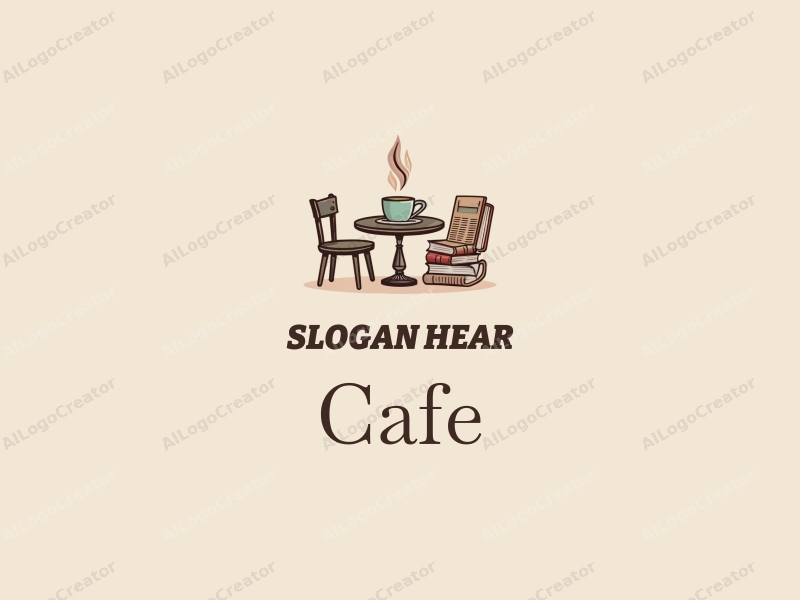 vintage design features a stylized coffee cup, a cozy table and chair setup, and a stack of books, combined with a clean background.