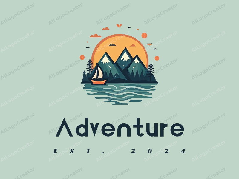 playful design features stylized mountains and sailing elements, combined with adventure and exploration themes, set against a clean background.