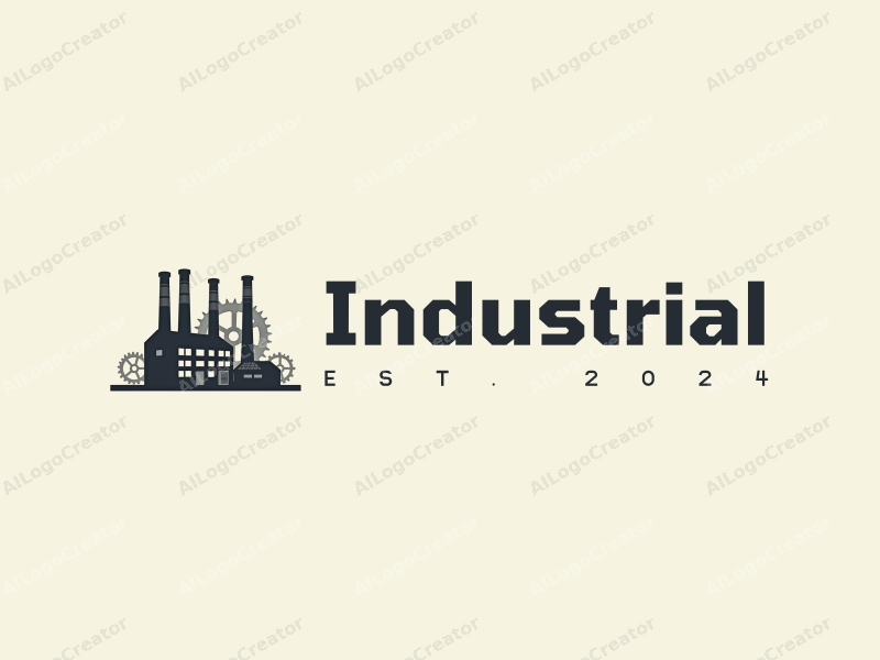 modern design features a stylized factory silhouette with gears and chimneys, utilizing a clean and simple composition with a focus on industrial elements.