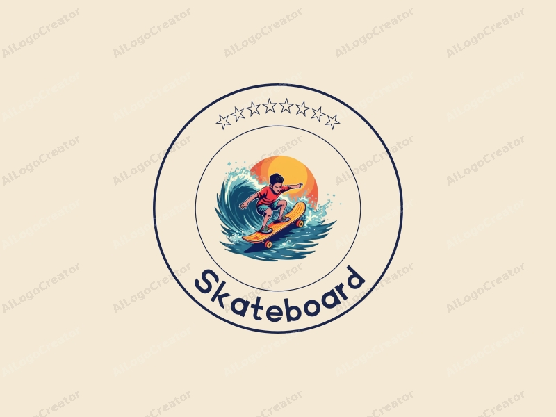 playful design features a vibrant skateboard and surfing elements, with dynamic and flowing shapes, combined with a clean background.