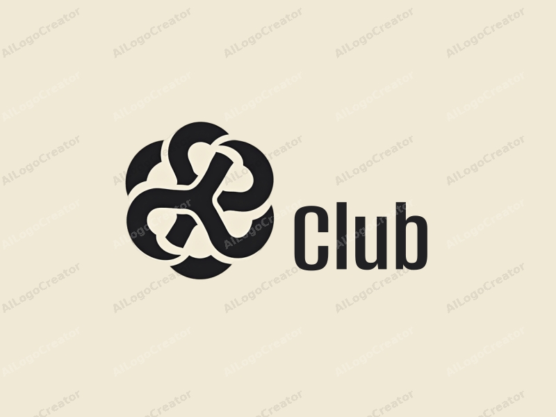 a modern design featuring a stylized club symbol intertwined with abstract representations of friendship and collaboration, using a black color palette, combined with a clean and simple background.