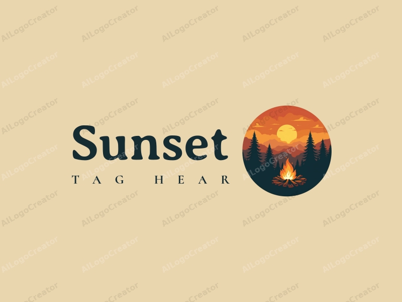 vintage design features a warm sunset over a scenic landscape, with a stylized campfire and a gathering crowd, combined with a clean background.