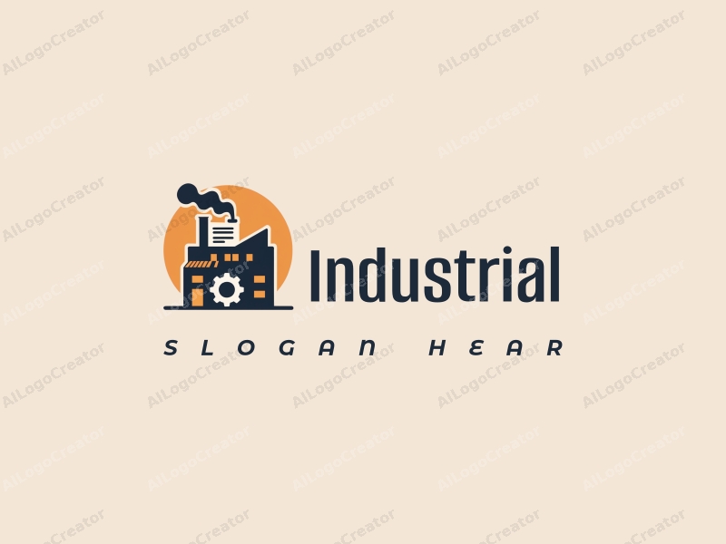 modern design features a stylized factory silhouette, interlocking gears, and documents, combined with a clean background and a harmonious composition.