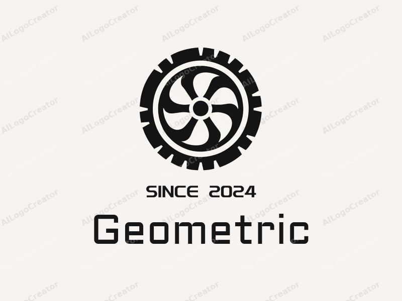 geometric design features a combination of square and circular shapes, stylized car and tire elements, with a clean black and white color scheme.