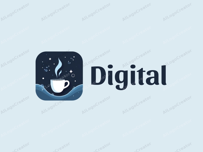 a modern minimalist design featuring digital elements, stylized waves, and coffee motifs, combined with a clean background in blue and black colors.