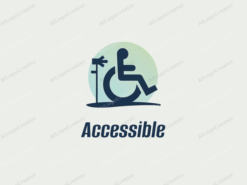 modern design features a stylized wheelchair and directional signage, emphasizing accessibility and inclusive design, combined with a clean background in blue and green tones.