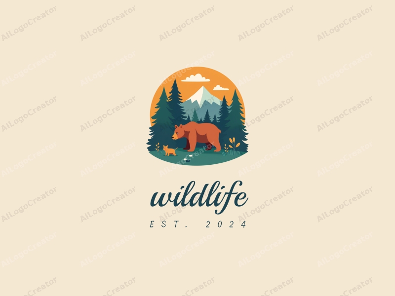 playful design features a stylized bear amidst a vibrant forest landscape, incorporating elements of wildlife and nature, combined with a clean background.