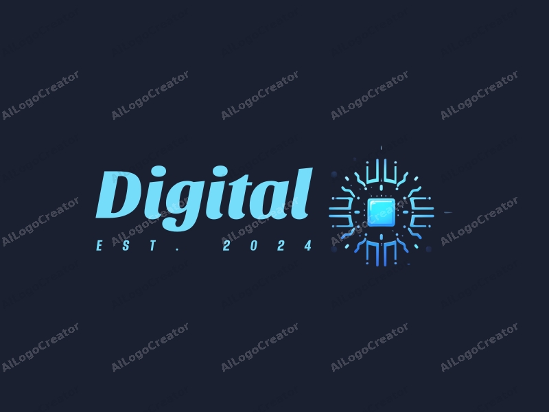 a modern design featuring digital elements like circuits and chips, combined with a clean background in blue and black colors, emphasizing simplicity and innovation.