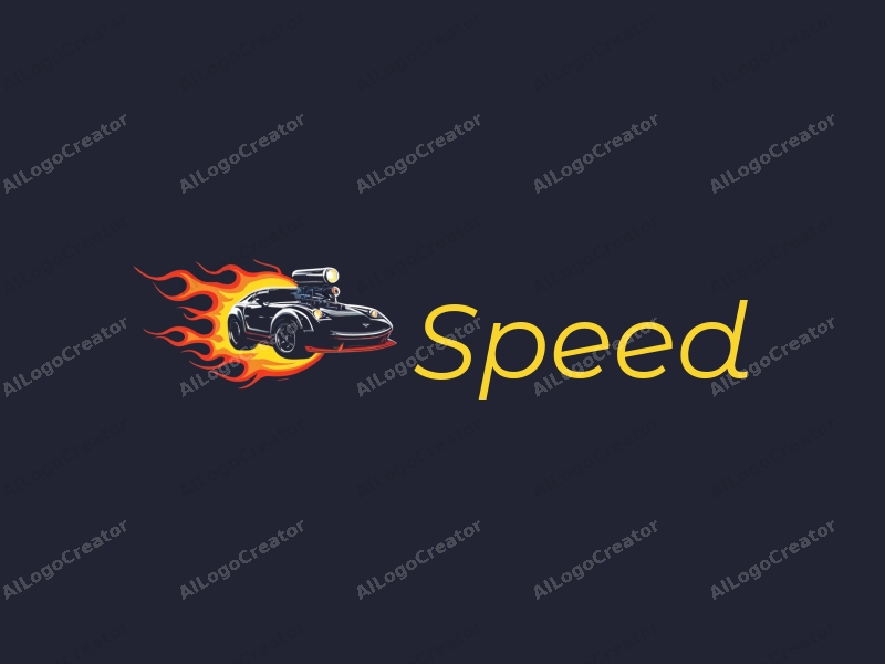 a modern design featuring dynamic elements of speed and power, incorporating stylized flames and an engine silhouette, combined with a clean background.