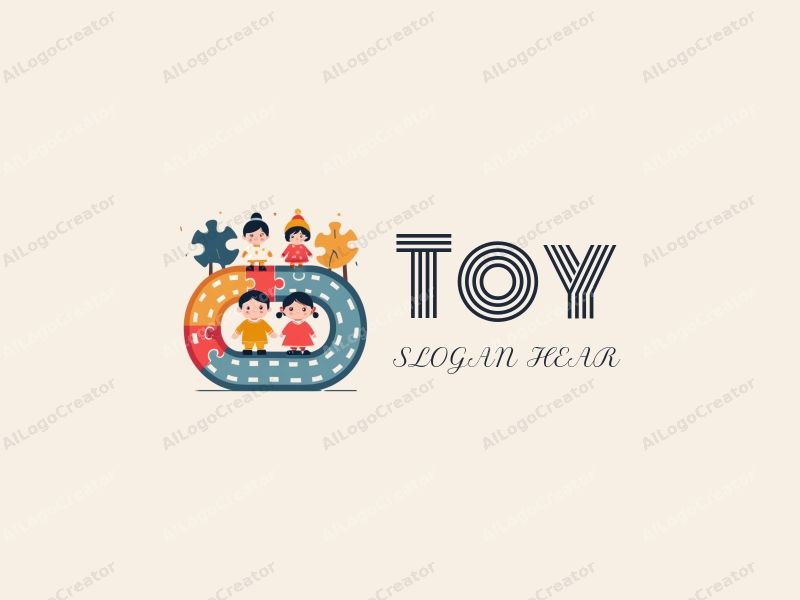 playful design features colorful dolls, interlocking puzzle pieces, and a whimsical track layout combined with a clean background.