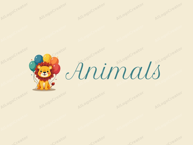 playful design features a smiling lion surrounded by colorful balloons, incorporating a whimsical and cheerful atmosphere with a clean background.