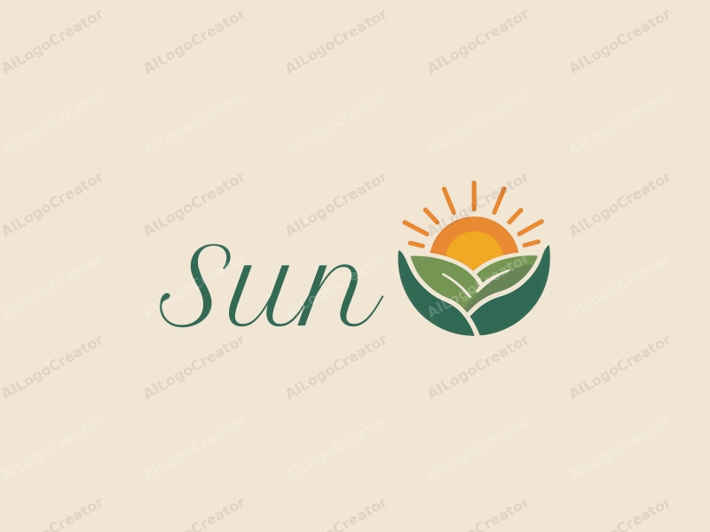 playful design features a stylized sun radiating light, intertwined with elements of agriculture and ecology, combined with a clean background.