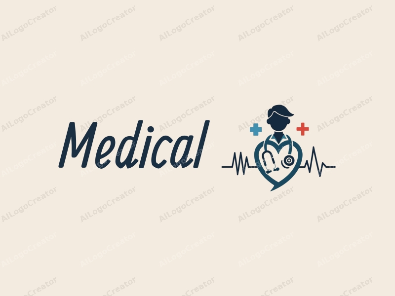 modern design features a stylized hospital silhouette, a doctor figure, a stethoscope intertwined with a heartbeat line, combined with a clean background.