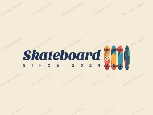 Spaßiges Design mit lebendigen Skateboards, stilisierten Rollerblättern und Surfbrettern, kombiniert mit einem sauberen Hintergrund und einer lustigen, energiegeladenen Komposition.