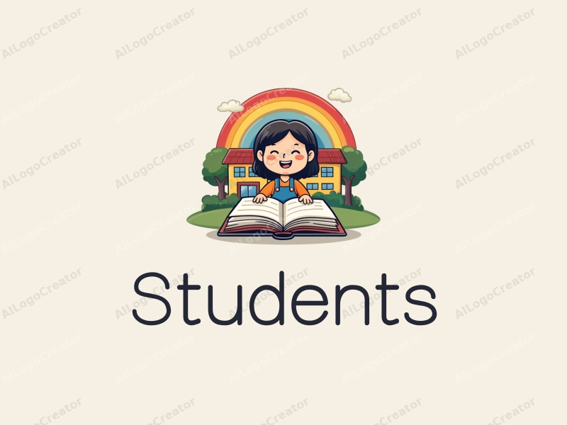 playful design features a cheerful student character, a stylized school building, an open book, and a vibrant rainbow, combined with a clean background.