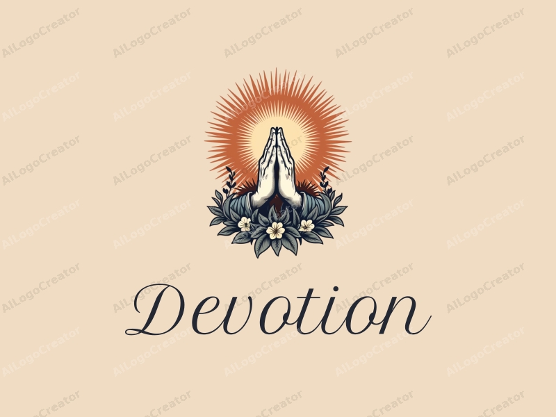 vintage design features hands in a prayer position, surrounded by a glowing halo, with elements of faith integrated into a harmonious composition against a clean background.