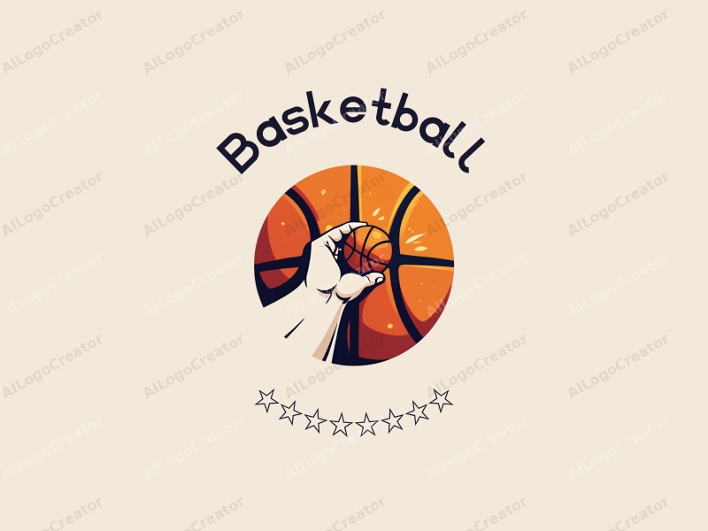 playful design features a stylized basketball, an athlete in motion, and a hand gripping the ball, combined with a clean background.