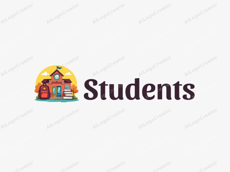 playful design features cheerful students, a stylized school building, books stacked creatively, and a backpack, combined with a vibrant and colorful background.