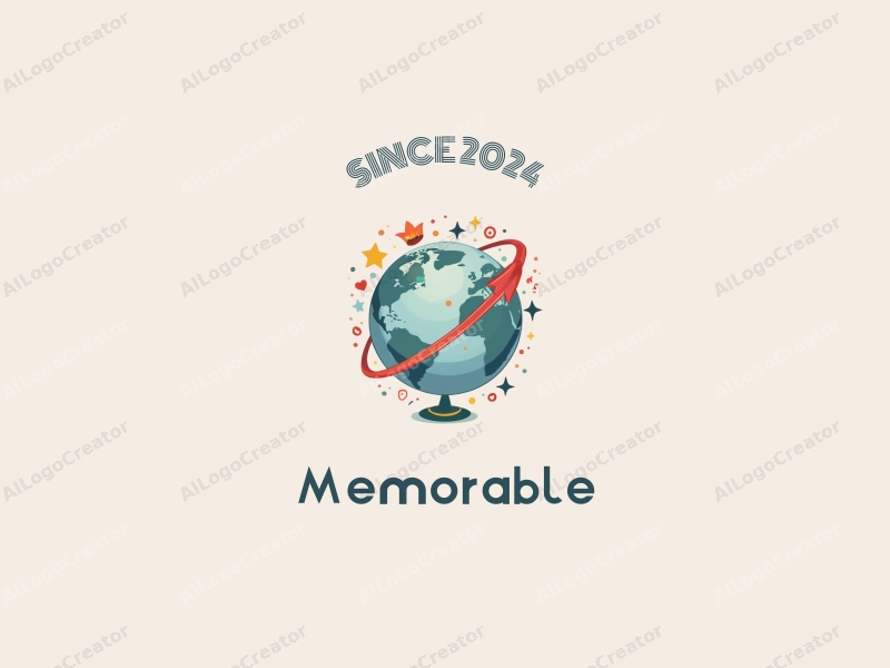 playful design features iconic symbols representing memories and magic, a stylized globe, and a whimsical approach combined with a clean background.