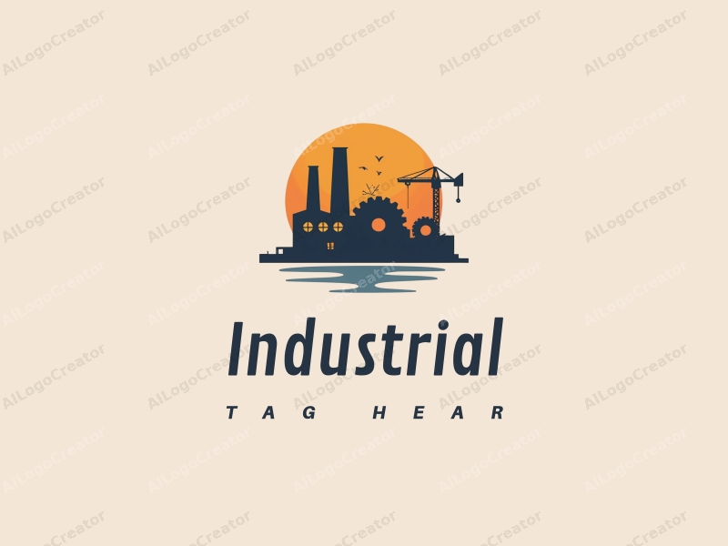 modern design features a stylized factory silhouette, interlocking gears, and a crane, combined with a clean background.