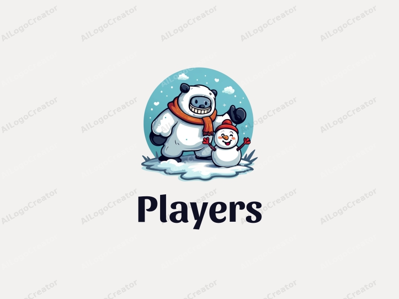 playful design features a vibrant color scheme, a stylized player interacting with a whimsical yeti and a cheerful snowman, combined with a clean and simple background.