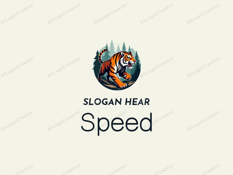 a modern design featuring a stylized fierce tiger in motion, symbolizing speed and power, set against a clean background of abstract forest elements, emphasizing a dynamic and energetic feel.