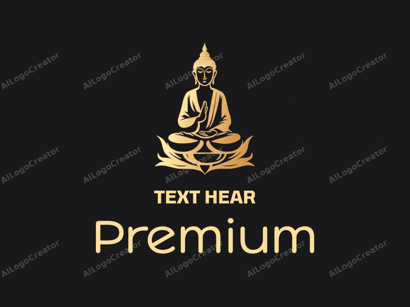 a modern design featuring a stylized Buddha statue and a bowl, incorporating gold and black colors with a clean and harmonious composition.