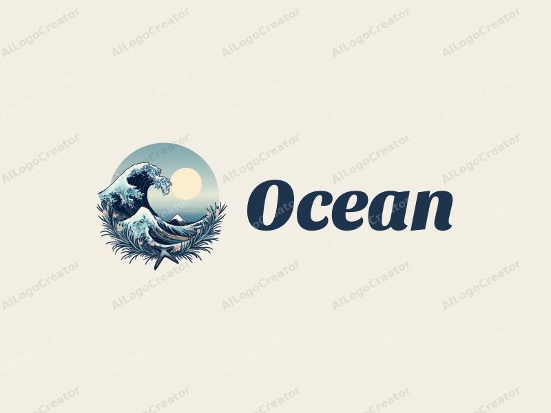 modern design features stylized waves, marine life elements like starfish and coral, combined with a clean background and a harmonious composition.