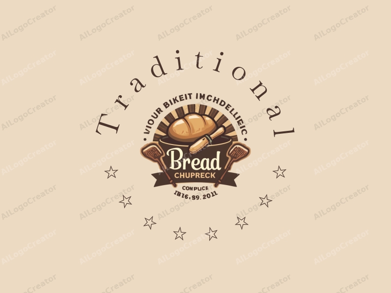 vintage design features traditional baking tools, a classic loaf of bread, and a warm color palette of brown and beige combined with a clean background.