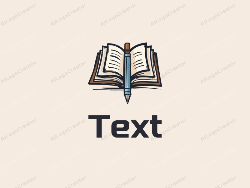 modern design features stylized text and font, an abstract representation of books and a pen, combined with a clean background.