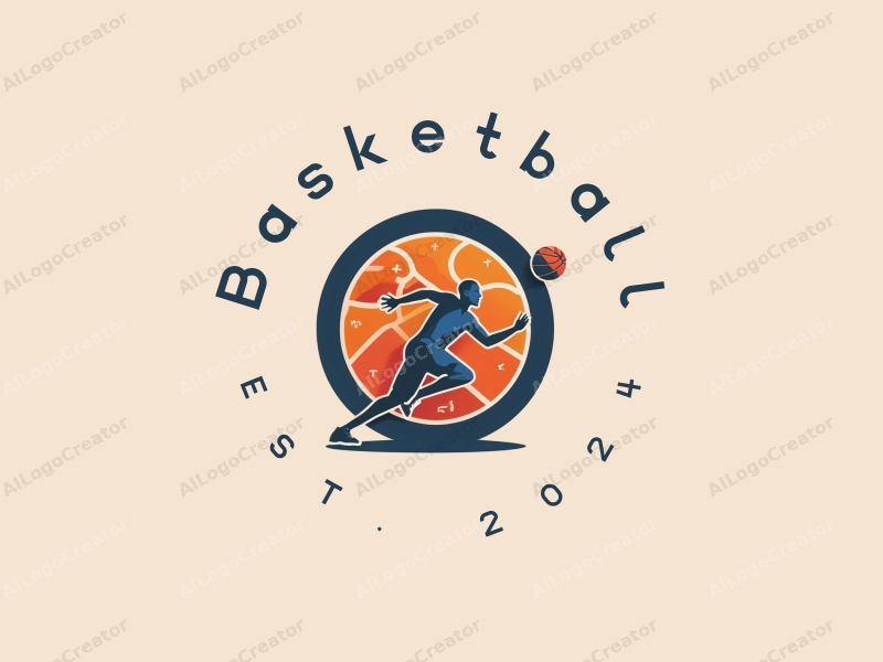 playful design features a stylized basketball, an athlete in motion, and a basketball court background combined with a clean and simple layout.