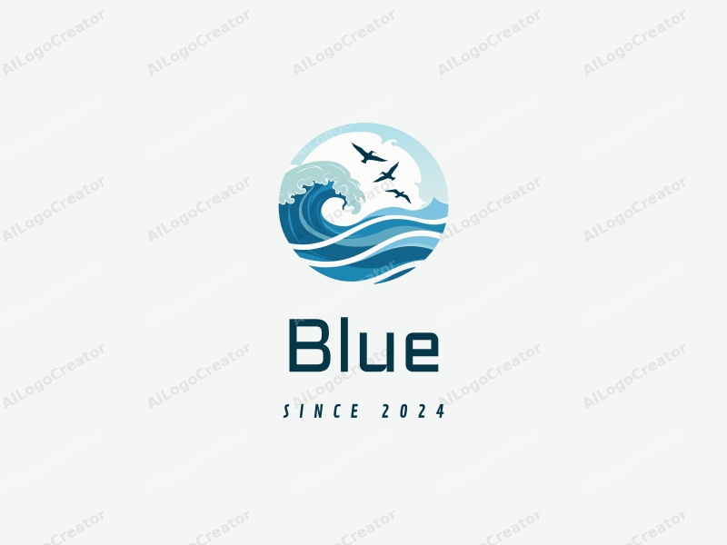 a modern design featuring stylized waves and seagulls in a clean blue and white color scheme, with a fresh and airy composition that evokes the essence of the ocean and sky.