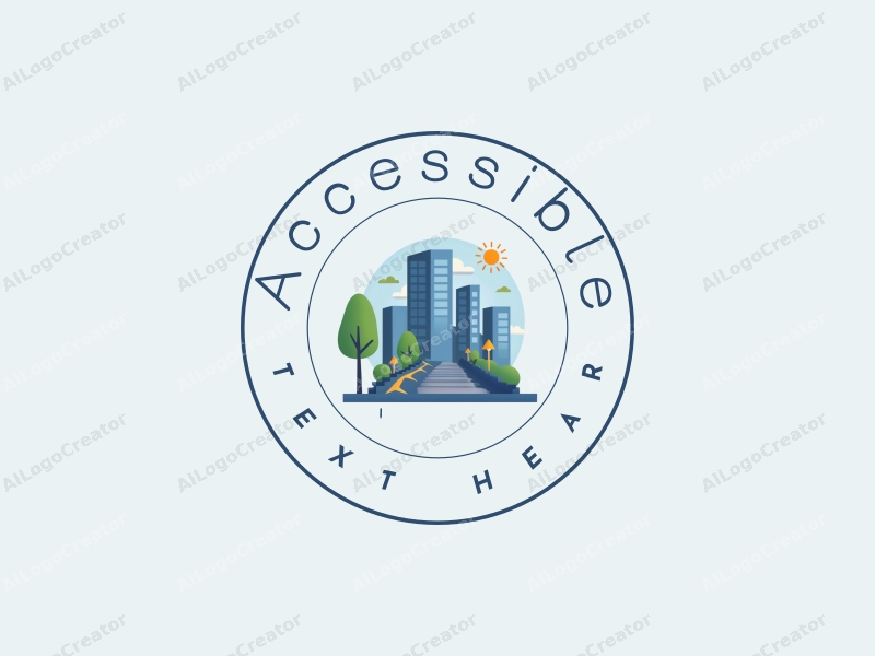 modern design features accessibility elements, stylized buildings, and handrails, combined with a clean background in blue and green tones.