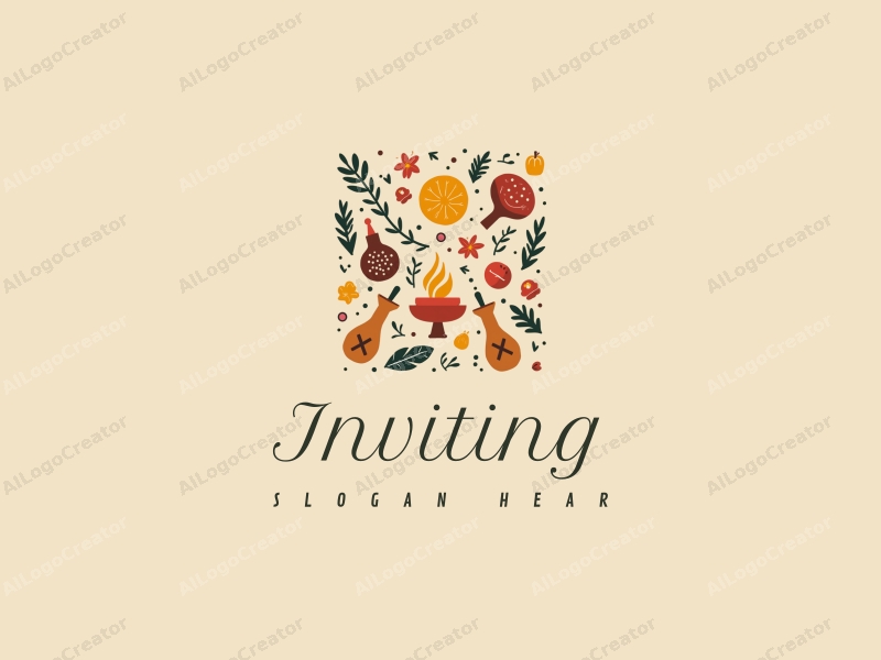 playful design features stylized elements of invitation and welcome, with symbols of gathering and feast, combined with a clean background in warm tones.