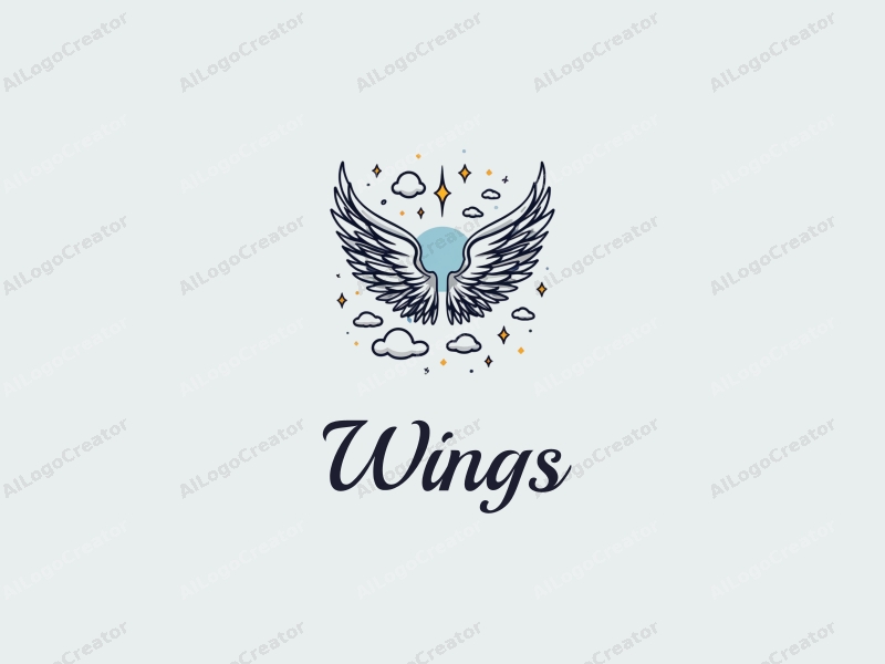 playful design features stylized wings and flying elements intertwined with clouds and stars, combined with a clean background.