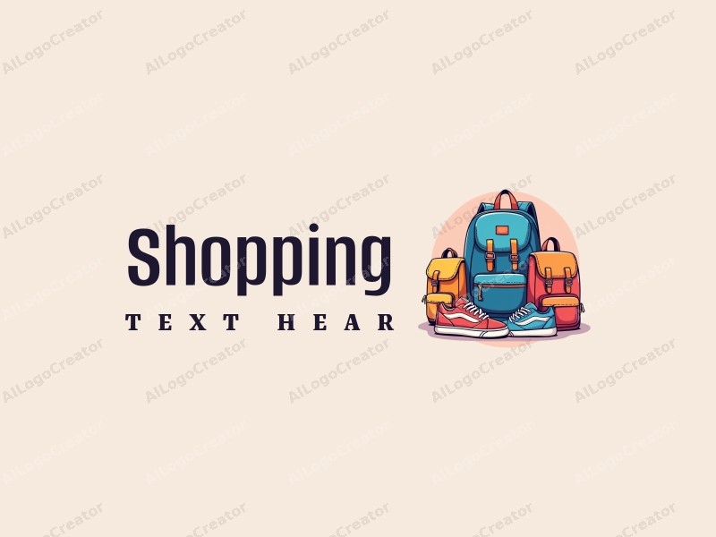 a modern design featuring a vibrant shopping mall scene with stylized backpacks and sneakers, incorporating a clean and harmonious layout.