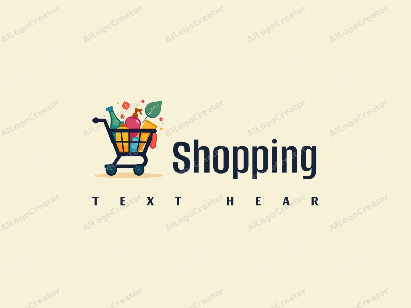 a modern design featuring a colorful shopping cart filled with various products, set against a stylized mall background, emphasizing simplicity and harmony in composition.