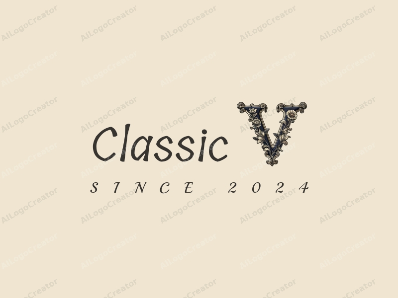 vintage design features a prominent letter V intertwined with classical floral patterns, using dark and neutral colors, combined with a clean background for a sophisticated and timeless look.