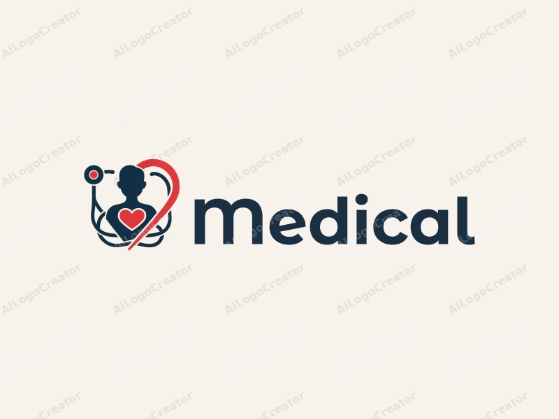 modern design features a stylized hospital silhouette, a doctor figure, a stethoscope intertwined with a heart, combined with a clean background.