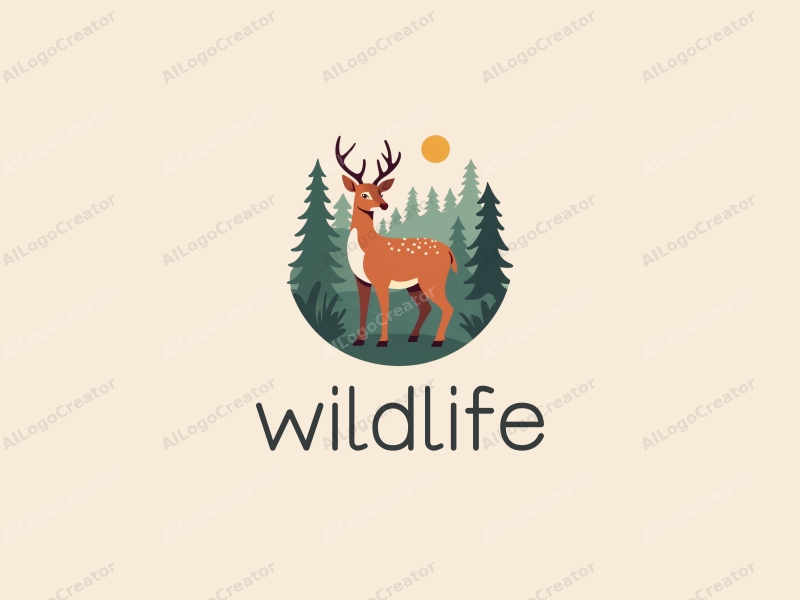 playful design features a stylized deer amidst a lush forest, incorporating elements of wildlife and nature scenery with natural color tones, combined with a clean background.