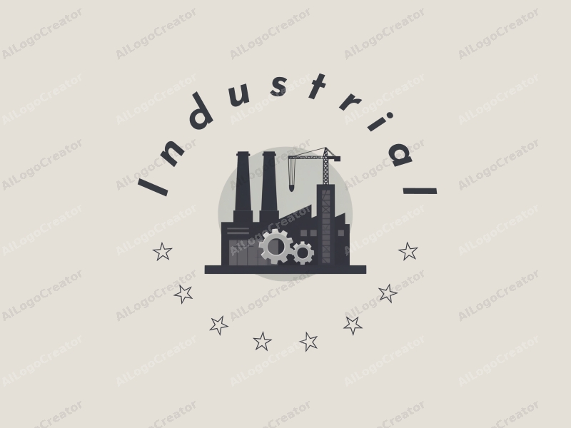 a modern minimalist design featuring a stylized factory silhouette, interlocking gears, and a crane, combined with a clean gray and black background.