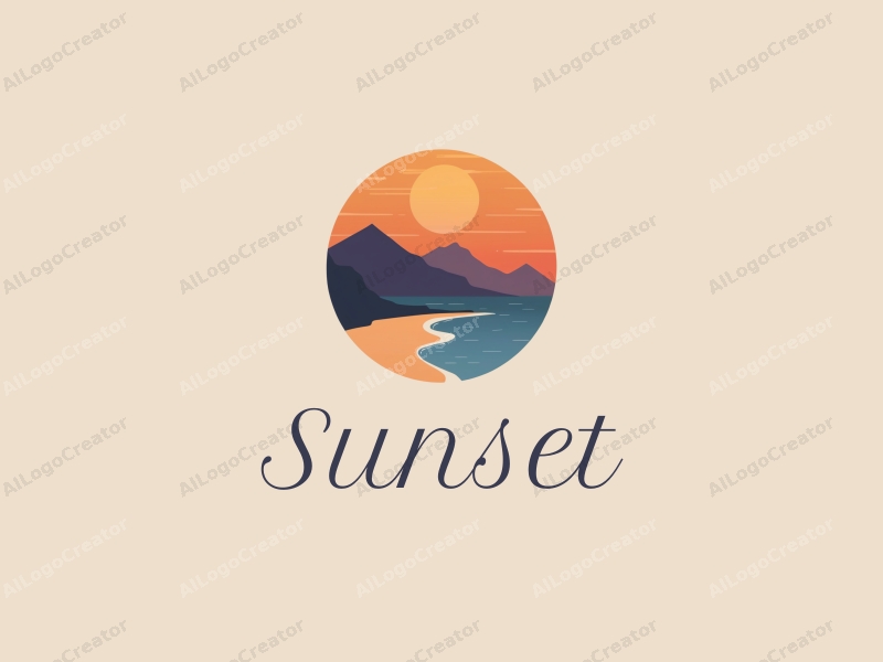 vintage design features a stylized sunset over a beach with mountains in the background, using a harmonious blend of orange and purple colors, combined with a clean and simple layout.