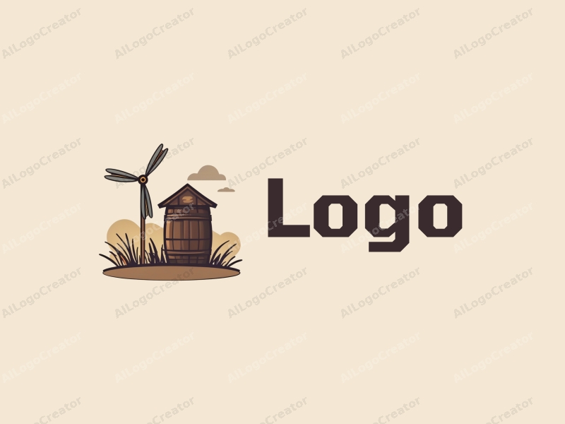 a modern design featuring a stylized barrel and windmill, combined with a clean background and a harmonious composition.