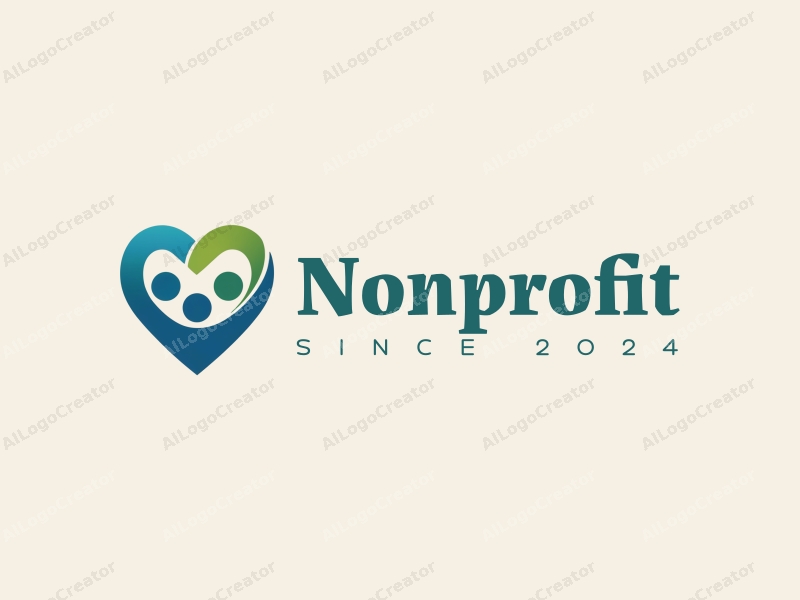 a modern minimalist design featuring a heart symbol intertwined with figures representing volunteers, in blue and green colors, emphasizing teamwork and charity, combined with a clean background.