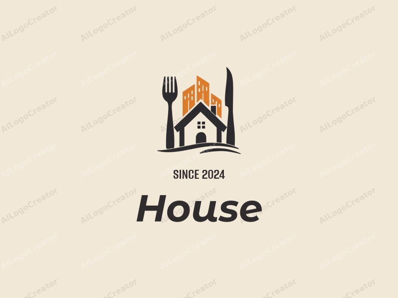 modern design features a stylized house and building, integrated with a knife and fork, combined with a clean background.