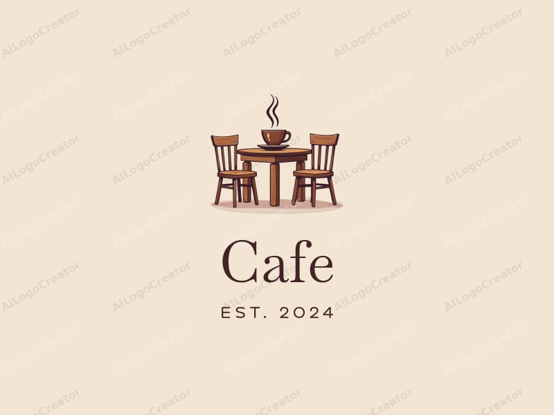 vintage design features a stylized coffee cup on a wooden table, surrounded by simple tables and chairs, combined with a clean background.