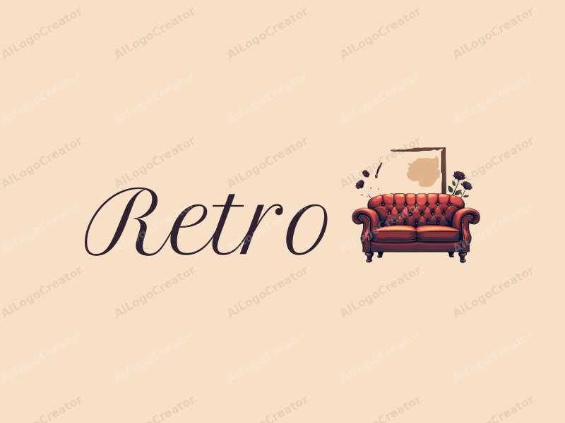 vintage design features a retro sofa and a retro poster, combined with a black rose and knife, set against a clean background.